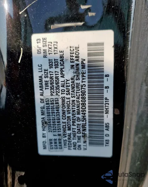 2013 Honda Odyssey Ex from USA, damaged, VIN 5FNRL5H49DB089075